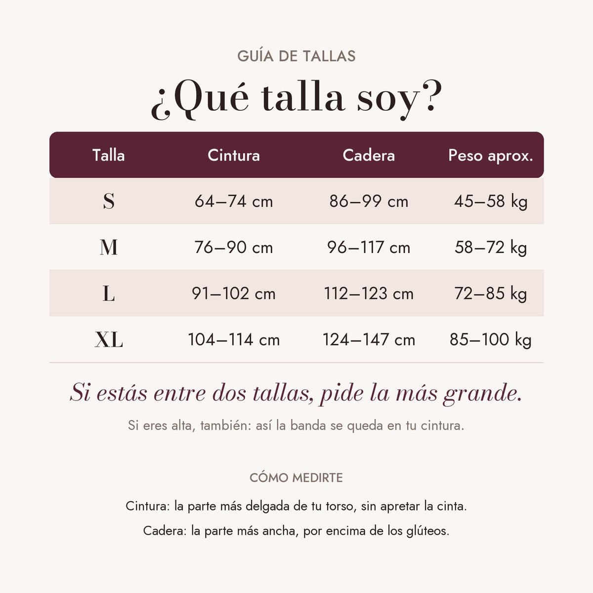 Guía de tallas S, M, L y XL